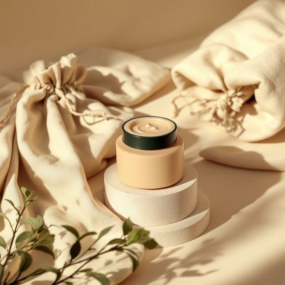 A cream supplement jar beside folded linen pouches and a sprig of greenery