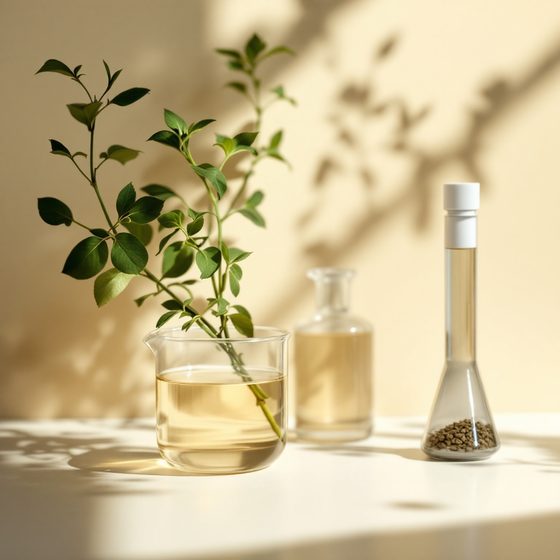 Laboratory glassware holding pale botanical liquid beside fresh herbs