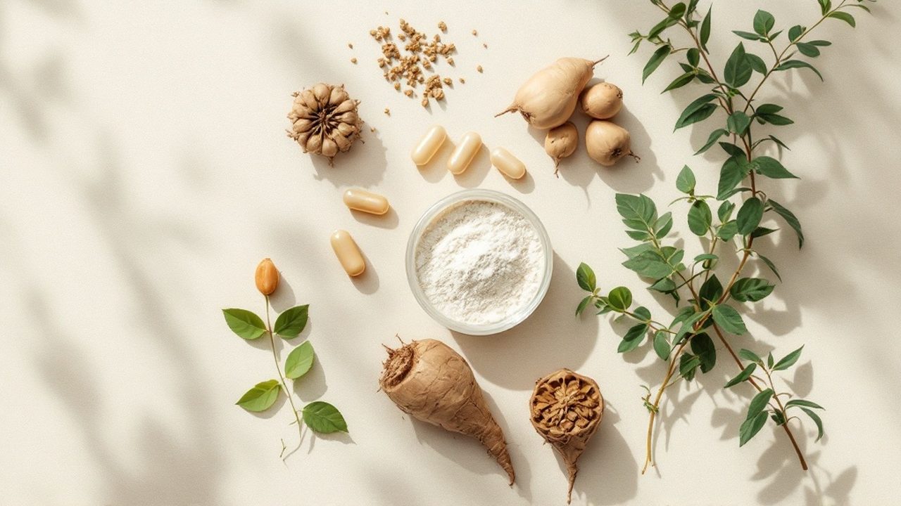Botanical ingredients — fresh herbs, dried roots and seed pods — laid out for study